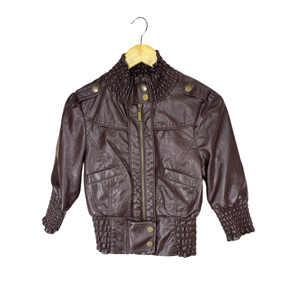 Therapy Brown Vegan Leather Smocked Bomber Jacket Womens Small Edgy Street  Moto - Picture 2 of 10
